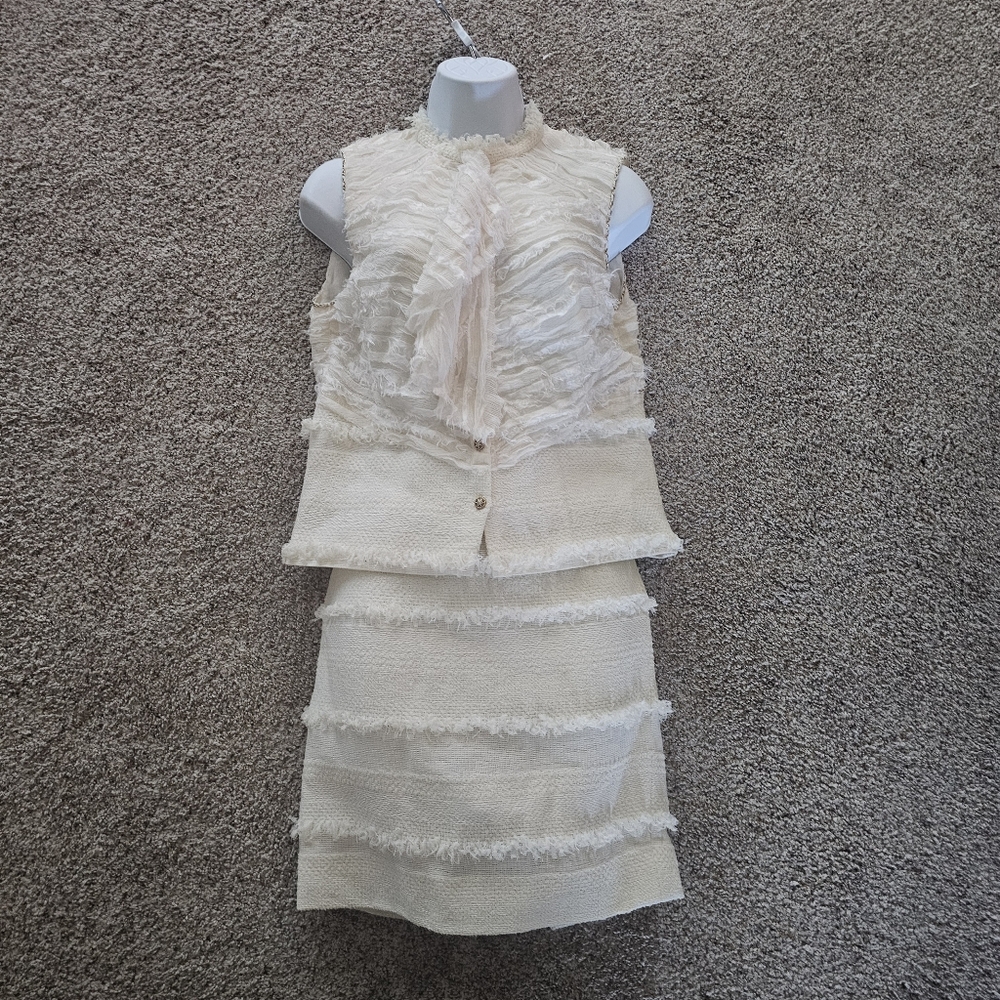 Chanel 2pc Tweed Switch Silk Chain Frill Top & Skirt With 7 Rhinestones Size 40